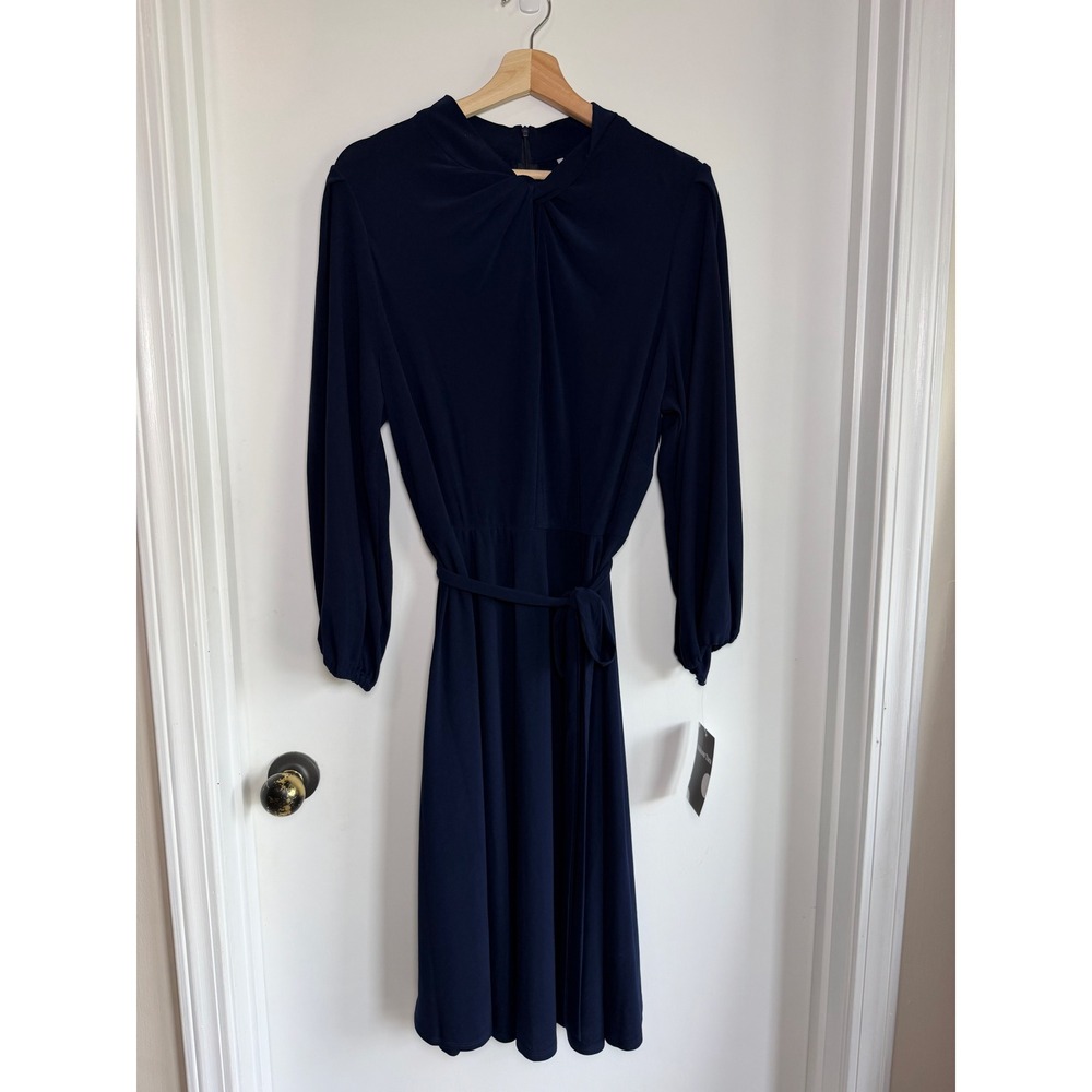 Maison Tara Formal Navy Blue Twist Neck Keyhole Midi Dress Long Sleeve 18W NWT
